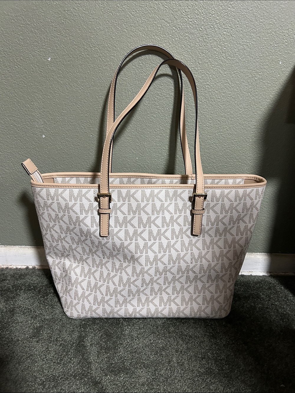 Michael Kors Cream MK Logo Large Tote with Tan Trim